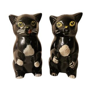 Vintage Plastic Black & White Cat Salt Pepper Shakers F & F Mold Die Works USA